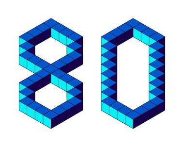 Beyaz arka planda izole edilmiş küplerden mavi numara 80. Piksel, 8 bit, izometrik stil. Vektör illüstrasyonu