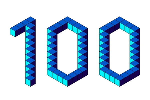 Modré Číslo 100 Kostek Izolovaných Bílém Pozadí Pixel Bitů Izometrický — Stockový vektor