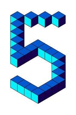 Beyaz arka planda izole edilmiş küplerden mavi numara 5. Piksel, 8 bit, izometrik stil. Görüntü