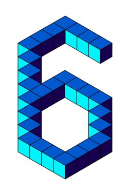 Beyaz arka planda izole edilmiş küplerden mavi numara 6. Piksel, 8 bit, izometrik stil. Görüntü