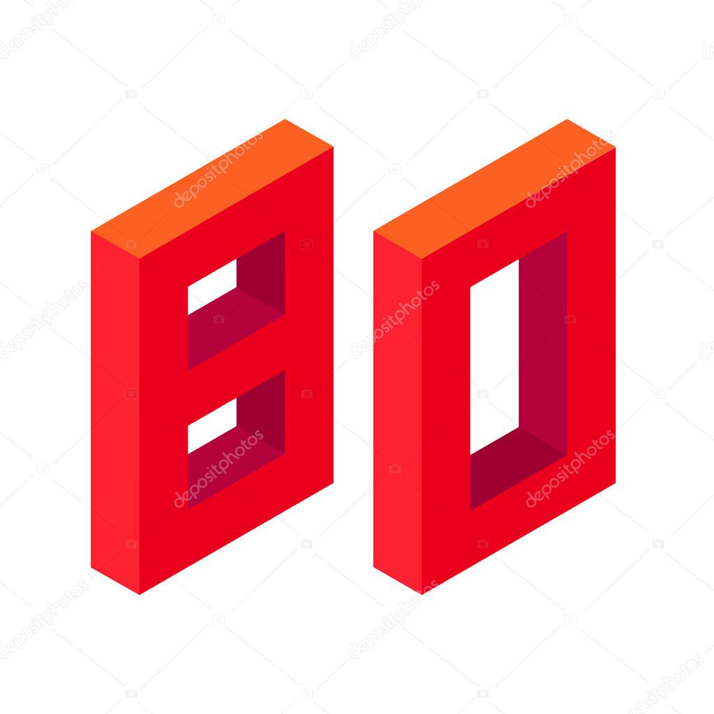 Red number 80 in isometric style. Isolated on white background. Learning numbers, serial number, price, place. Illustration