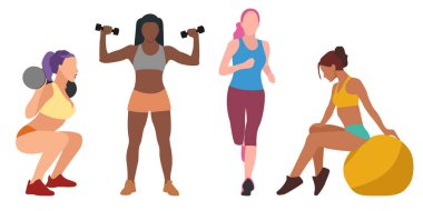 Dört farklı kadından oluşan bir koleksiyon sporla meşgul. Jimnastik, koşu, halter, spor.