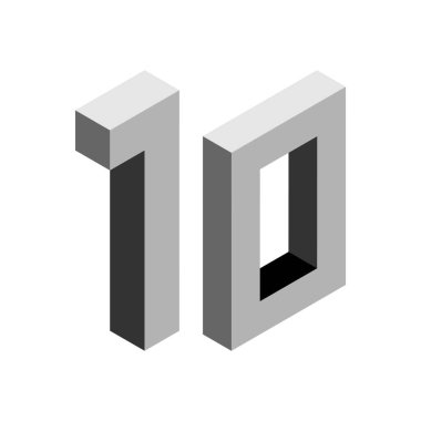 Gri numara 10, izometrik tarzda. Beyaz arka planda izole edilmiş. Öğrenme numaraları, seri numarası, fiyat, yer. Görüntü