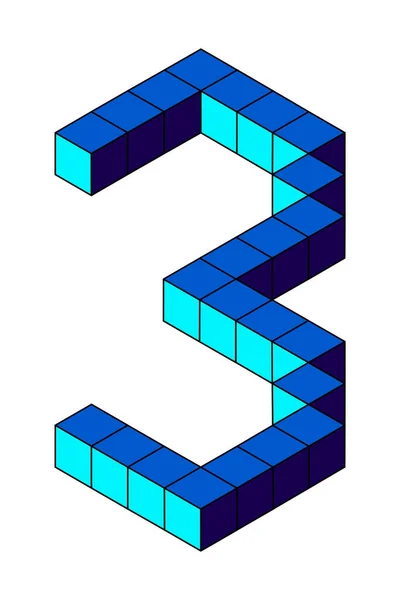 蓝色3号 来自白色背景的立方体 Pixel 等距风格 说明1 — 图库照片