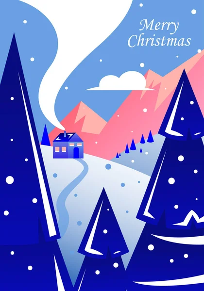Winterlandschaft Mit Weihnachtsbäumen Haus Und Bergen Schneegestöber Weihnachtsgrußkarte Poster — Stockvektor