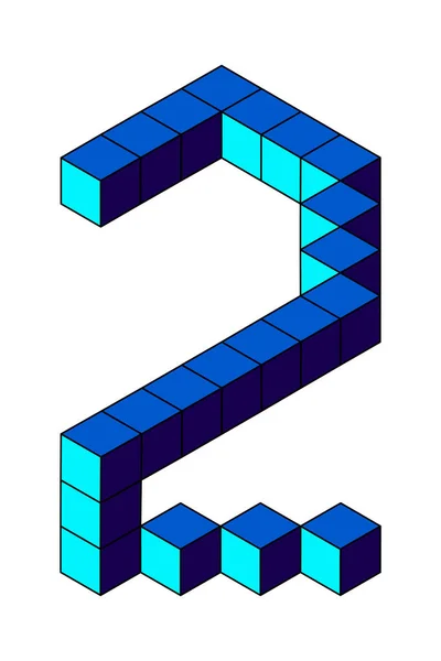 白色背景下分离的立方体中的蓝色2号 Pixel 等距风格 说明1 — 图库照片