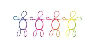 Çizgi sanat çeşitliliği, LGBTQ konsepti. Dört farklı insandan oluşan bir grup beyaz üzerine gökkuşağı rengi çizilmiş. Takım çalışması, arkadaşlık. resimleme