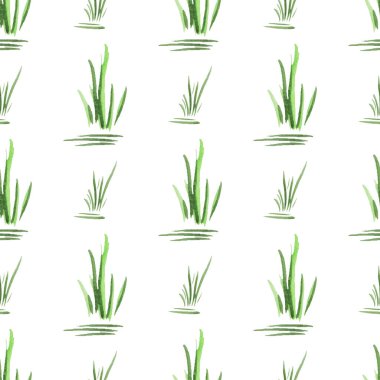 Beyaz arka planda yeşil elle çizilmiş suluboya çimlerle kusursuz bir desen. Tekstil için, baskı. Doğal Organik Konsept. Basit iki renkli resim