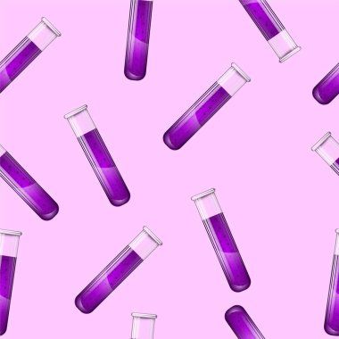 Pembe arka planda mor sıvı bulunan test tüplerinin kusursuz tıbbi deseni.