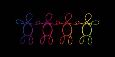 Çizgi sanat çeşitliliği, LGBTQ konsepti. Dört farklı kişiden oluşan bir grup. Tek çizgi çizilmiş. Siyah üzerine gökkuşağı renkleri. Takım çalışması, arkadaşlık. resimleme