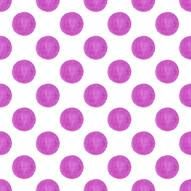 Geometrik pürüzsüz desen, beyaz arka planda küçük mor el boyalı daireler. Tekstil, baskı vs. için resim.