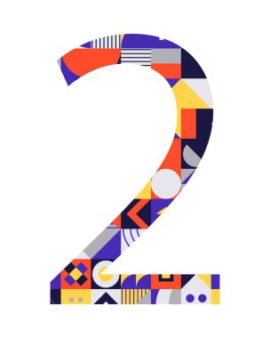 Beyazda izole edilmiş çok renkli geometrik şekillerden iki numara. Neo geo. Vektör illüstrasyonu