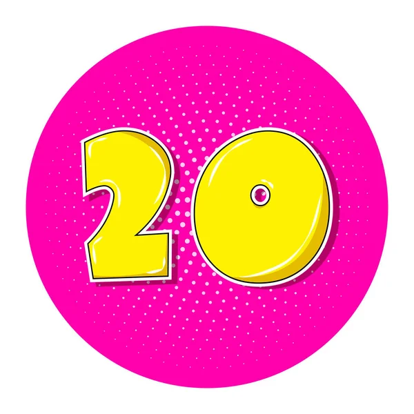 Pop art giallo numero 20 sopra cerchio punteggiato rosa. — Vettoriale Stock