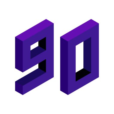 İzometrik tarzda 90 numaralı mor. Beyaz arka planda izole edilmiş. Öğrenme numaraları, seri numarası, fiyat, yer. Görüntü