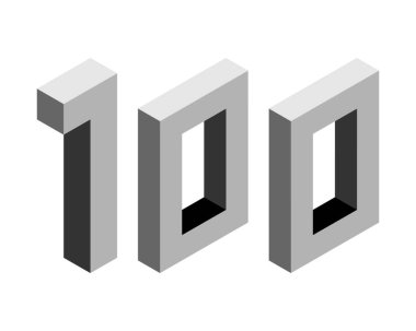 Gri numara 100, izometrik tarzda. Beyaz arka planda izole edilmiş. Öğrenme numaraları, seri numarası, fiyat, yer. Görüntü