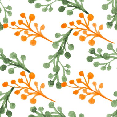 Elle çizilmiş suluboya, turuncu ve yeşil dallarla kusursuz bir desen. Tekstil, baskı vs. için organik, doğal, tazelik kavramı.