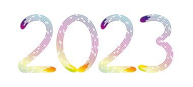 Yeni yıl 2023, gökkuşağı gradyan noktalı beyaz arkaplandan. Vektör illüstrasyonu