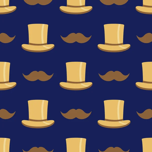 无缝隙图案 带有时尚的老式男式饰物 顶帽和胡子 时髦的深蓝色和金色 — 图库照片