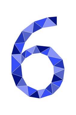 Mavi numara 6, beyaz arkaplanda izole edilmiş çokgen. Öğrenme numaraları, seri numarası, fiyat, yer. Vektör illüstrasyonu