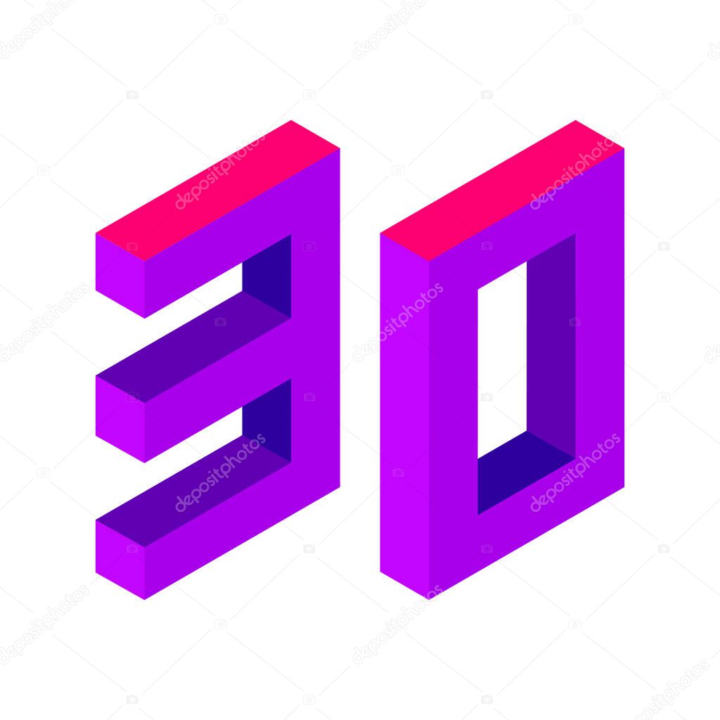 Purple number 30 in isometric style. Isolated on white background. Learning numbers, serial number, price, place. Illustration