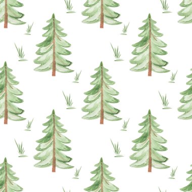 Elle çizilmiş suluboya, yeşil Noel ağacı ve beyaz arka planda çimenler. Tekstil, kartpostal vs. için yazdır. Görüntü