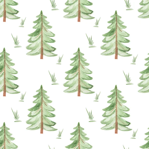 白地に手描きの水彩緑のクリスマスツリーと草でシームレスなパターン テキスタイル ポストカードなどの印刷 イラスト — ストックベクタ