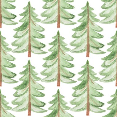 Beyaz arka planda elle çizilmiş suluboya yeşil Noel ağacıyla kusursuz bir desen. Tekstil, kartpostal vs. için yazdır. Görüntü