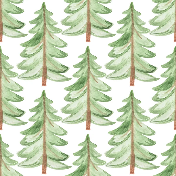 Nahtloses Muster Mit Handgezeichneten Aquarellen Grüner Weihnachtsbaum Auf Weißem Hintergrund — Stockvektor