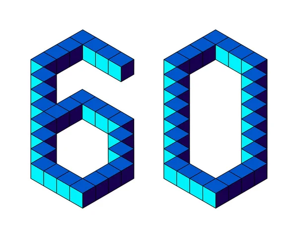 蓝色60号来自白色背景的立方体 Pixel 等距风格 说明1 — 图库照片