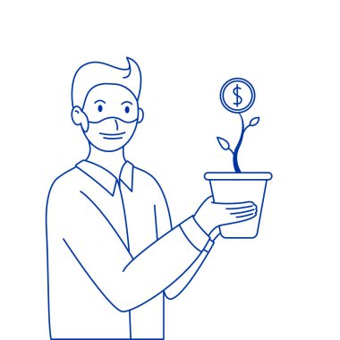 Young man in mask holds pot with plant with dollar coin. Blue linear silhouette on white. Concept of dealing with the economic crisis, small business, savings, investment, finance. Vector illustration