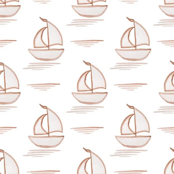 用水彩画的无缝图案用帆涂成褐色的船，在海里波涛汹涌地漂浮着. — 图库矢量图片