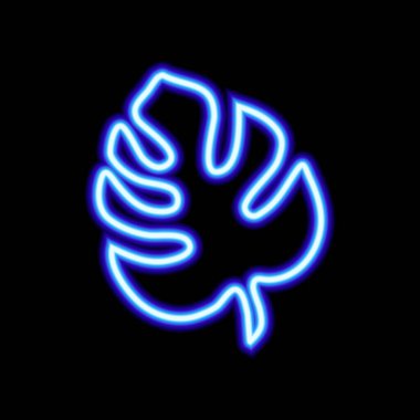 Blue neon monstera leaf. Luminous element for your design on black background. Trendy element for your design. Natural organic concept