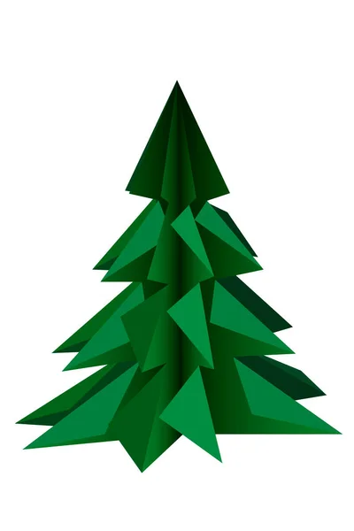 这棵绿色的圣诞树在白色的背景上是绝缘的 3D折纸的风格 说明1 — 图库照片