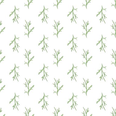 Kusursuz desenli, elle çizilmiş suluboya, beyaz yapraksız yeşil dallar. Organik, doğal, tekstil, baskı vs. için tazelik konsepti. Görüntü