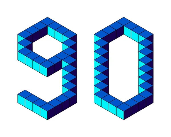 白色背景下分离的立方体中的蓝色90号 Pixel 等距风格 说明1 — 图库照片