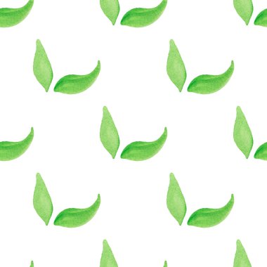 Elle çizilmiş suluboya yeşil yapraklı kusursuz bir desen. Soyut arkaplan çizimi. Tekstil, baskı vs. için organik, doğal, tazelik kavramı.