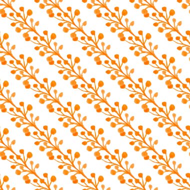 Elle çizilmiş suluboya, turuncu dallarla bembeyaz böğürtlenler. Organik, doğal, tekstil, baskı vs. için tazelik konsepti. Görüntü