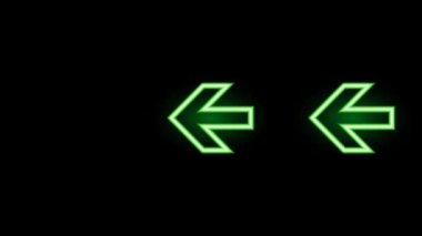 Yeşil neon sol oklar. Parlak element. Siyah arkaplanda yanıp sönen oklar