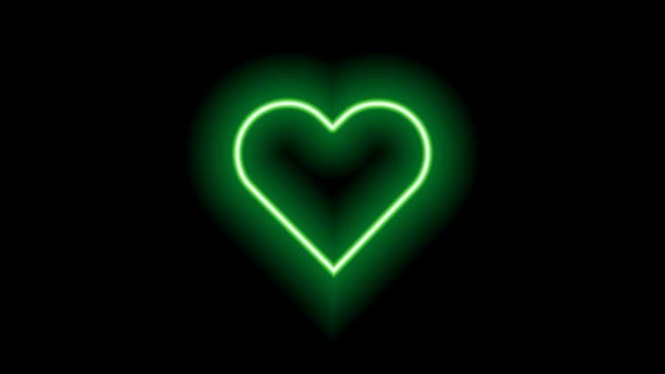 Feu néon vert en forme de coeur sur fond noir. Battements de cœur. — Video