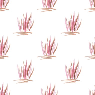 Beyaz arka planda pembe el yapımı suluboya çimlerle kusursuz desen. Tekstil için, baskı. Doğal Organik Konsept