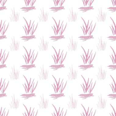 Beyaz arka planda pembe el yapımı suluboya çimlerle kusursuz desen. Tekstil için, baskı. Doğal Organik Konsept