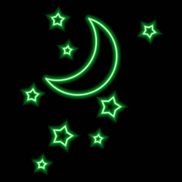 Neon Zeichen Von Grünem Mond Und Sternen Auf Schwarzem Hintergrund — Stockvektor