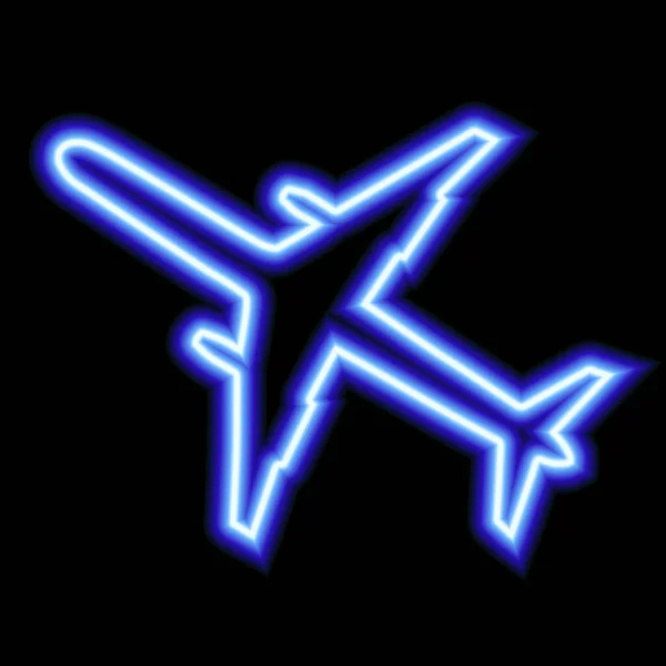 Signo Neón Azul Del Avión Sobre Fondo Negro Ilustración Vectorial — Vector de stock