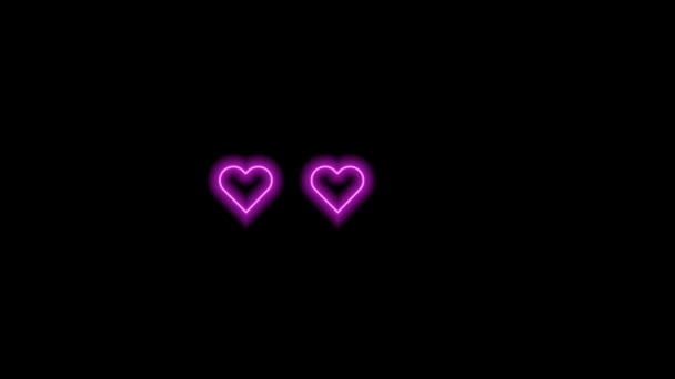 Corazones rosados sobre fondo negro. Tres corazones de neón apareciendo gradualmente. Brillante elemento resplandeciente. — Vídeos de Stock