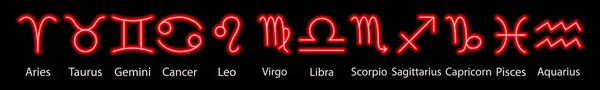 Conjunto Signos Del Zodiaco Neón Rojo Con Leyendas Predicciones Astrología — Archivo Imágenes Vectoriales