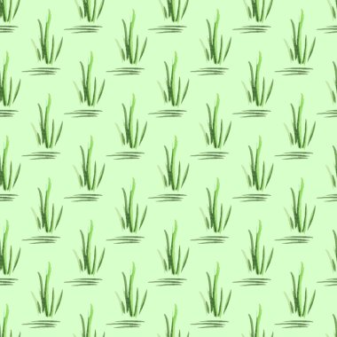 Yeşil el yapımı suluboya çimlerle kusursuz desen. Tekstil için, baskı. Doğal Organik Konsept