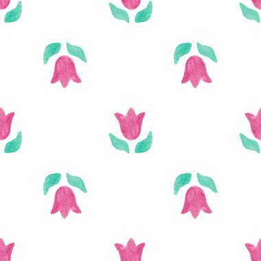 Kusursuz desenli, elle çizilmiş suluboya, soyut pembe çiçekler ve beyaz üzerinde yeşil yapraklar. Soyut arkaplan çizimi. Tekstil, baskı vs. için organik, doğal, tazelik kavramı.