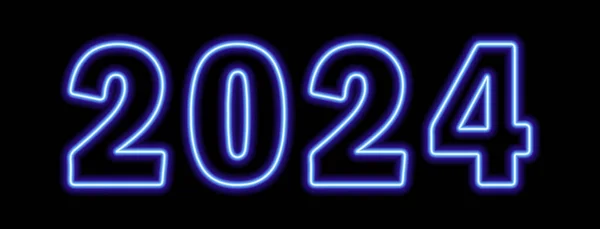 Blauw Neon Gekleurd 2024 Jaar Zwarte Achtergrond Vectorillustratie — Stockvector