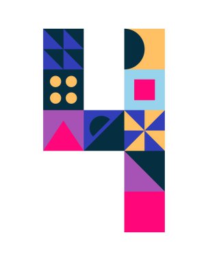 Çok renkli geometrik şekillerden 4 numara, beyaza izole edilmiş küpler. Neo geo. Vektör illüstrasyonu