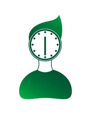 Kafası yerine saati olan bir adamın silueti. Yeşil gradyan simgesi. Çalışma zamanı, ofis, iş, program, bekleme süresi vs. Saat 6 yönünde.